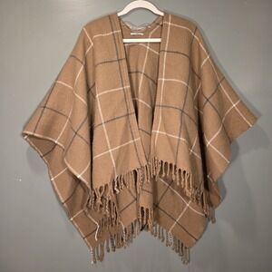 Abercrombie & Fitch Plaid Windowpane Fringe Open Front Shawl Cape Wrap Poncho OS